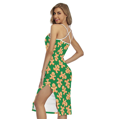 Cute Gingerbread Man Pattern Print Cross Back Cami Dress