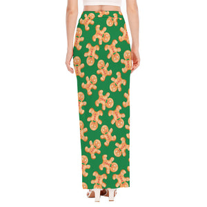 Cute Gingerbread Man Pattern Print High Slit Maxi Skirt