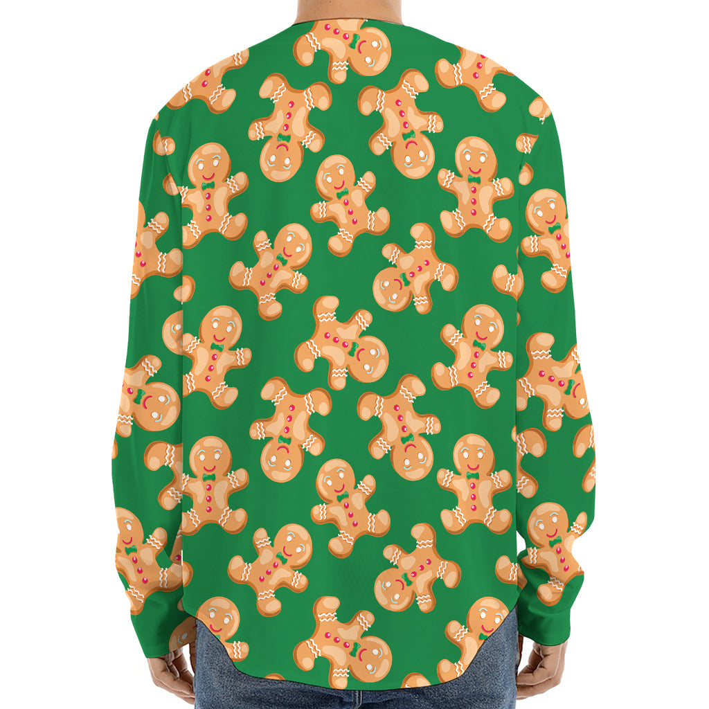 Cute Gingerbread Man Pattern Print Long Sleeve Baseball Jersey