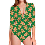 Cute Gingerbread Man Pattern Print Long Sleeve Swimsuit