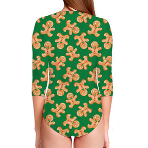 Cute Gingerbread Man Pattern Print Long Sleeve Swimsuit