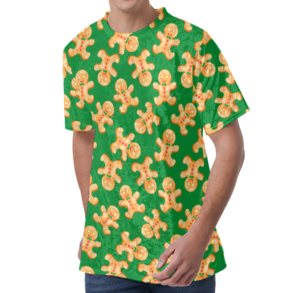 Cute Gingerbread Man Pattern Print Men's Velvet T-Shirt