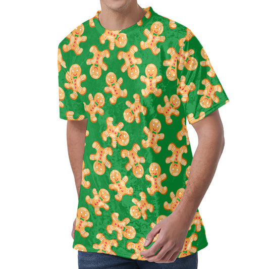 Cute Gingerbread Man Pattern Print Men's Velvet T-Shirt