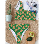 Cute Gingerbread Man Pattern Print One Shoulder Bikini Top