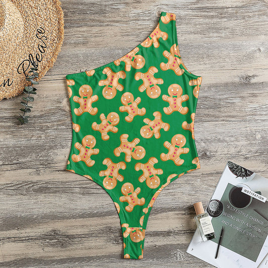 Cute Gingerbread Man Pattern Print One Shoulder Bodysuit