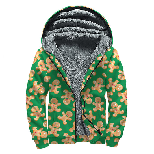 Cute Gingerbread Man Pattern Print Sherpa Lined Zip Up Hoodie