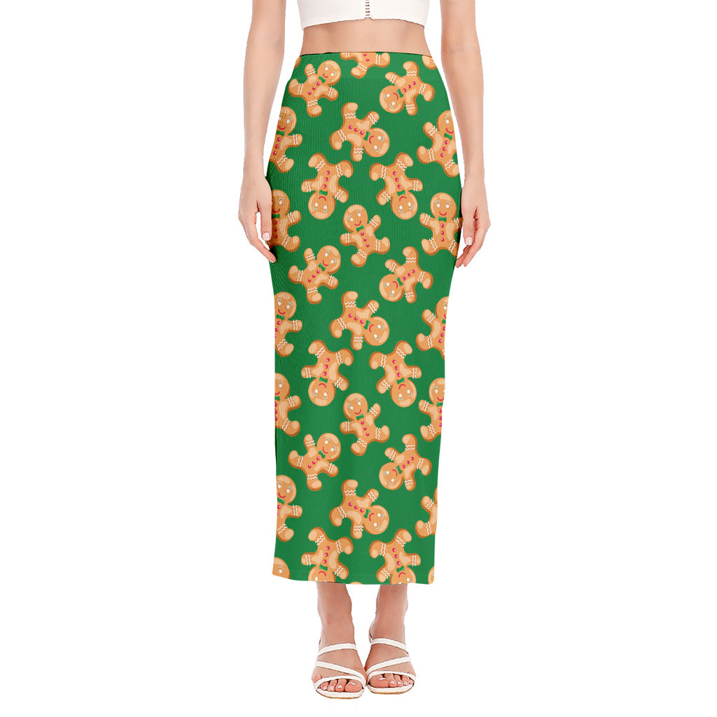 Cute Gingerbread Man Pattern Print Side Slit Maxi Skirt