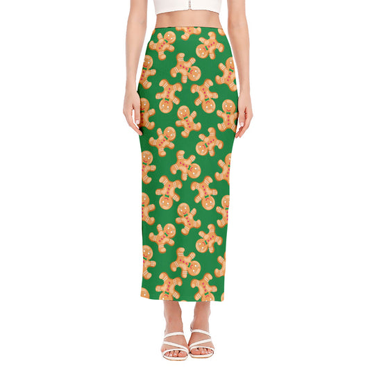 Cute Gingerbread Man Pattern Print Side Slit Maxi Skirt