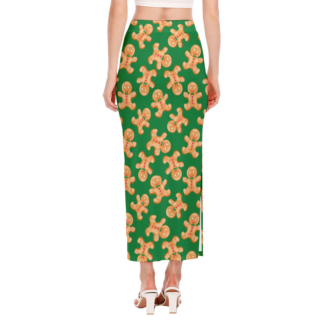 Cute Gingerbread Man Pattern Print Side Slit Maxi Skirt