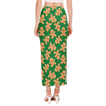 Cute Gingerbread Man Pattern Print Side Slit Maxi Skirt