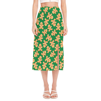 Cute Gingerbread Man Pattern Print Side Slit Midi Skirt