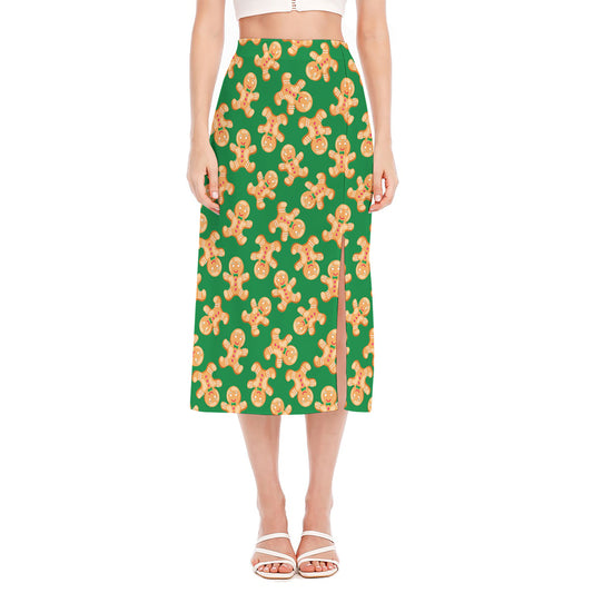 Cute Gingerbread Man Pattern Print Side Slit Midi Skirt
