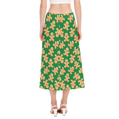 Cute Gingerbread Man Pattern Print Side Slit Midi Skirt