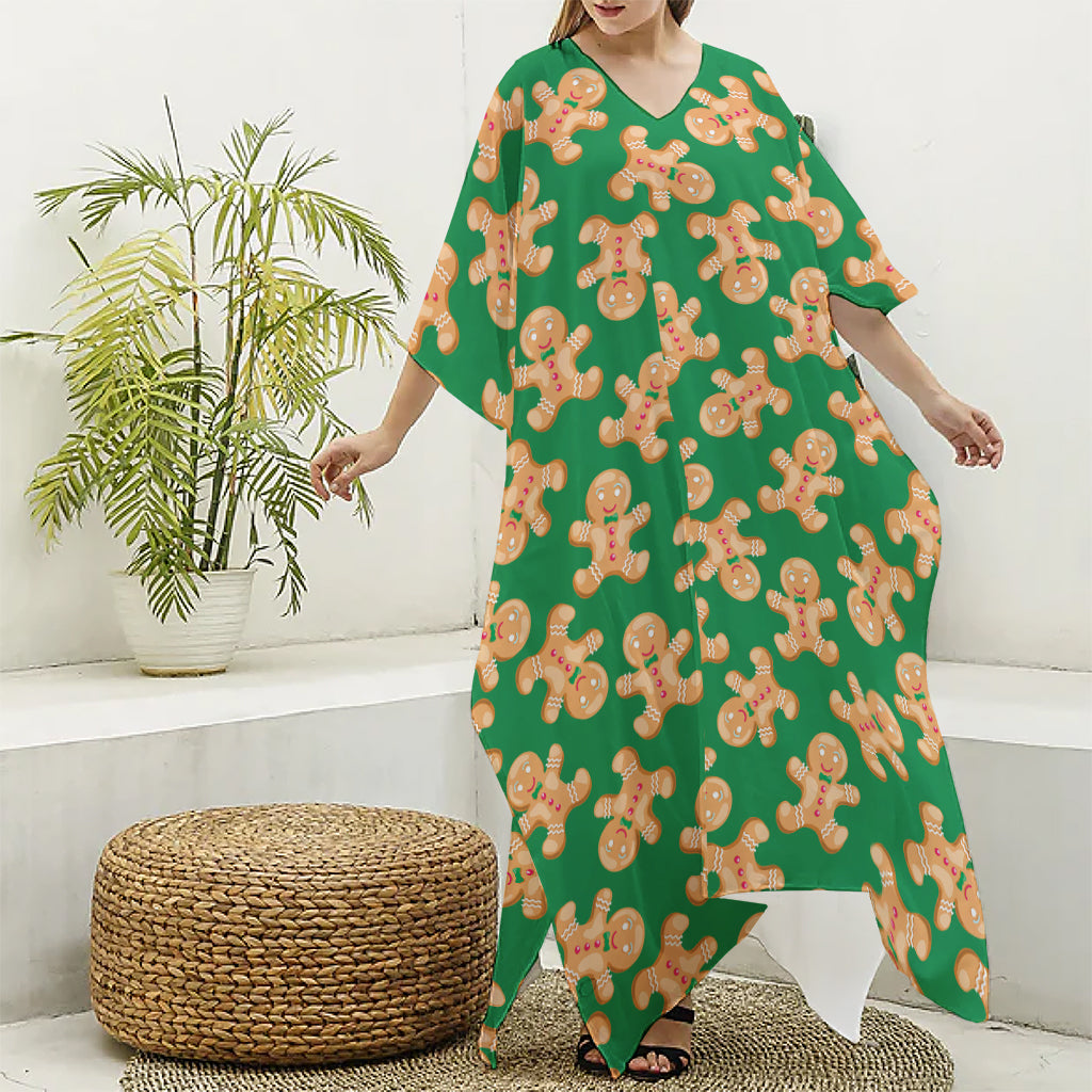 Cute Gingerbread Man Pattern Print Silk V-Neck Kaftan Dress
