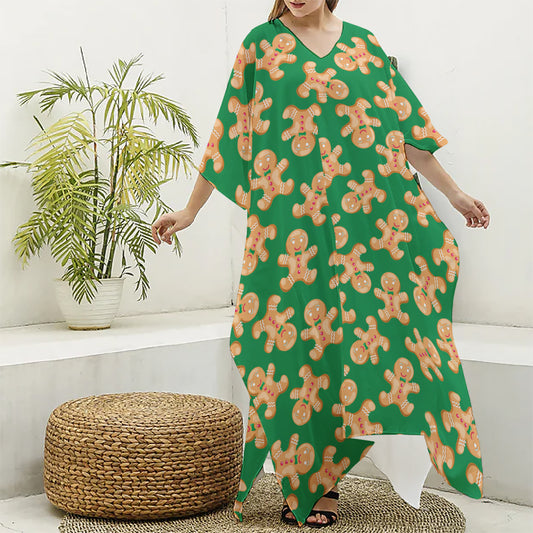Cute Gingerbread Man Pattern Print Silk V-Neck Kaftan Dress