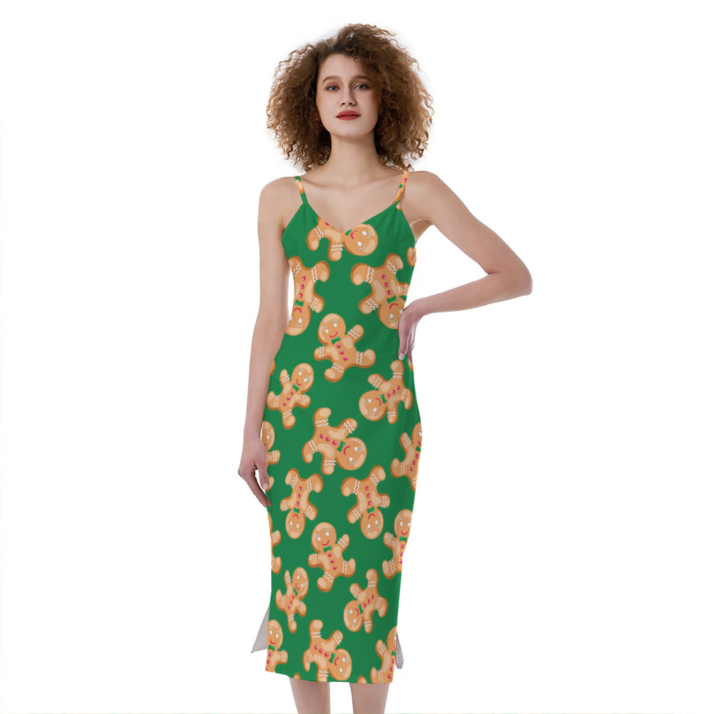 Cute Gingerbread Man Pattern Print Slim Fit Midi Cami Dress