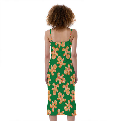 Cute Gingerbread Man Pattern Print Slim Fit Midi Cami Dress
