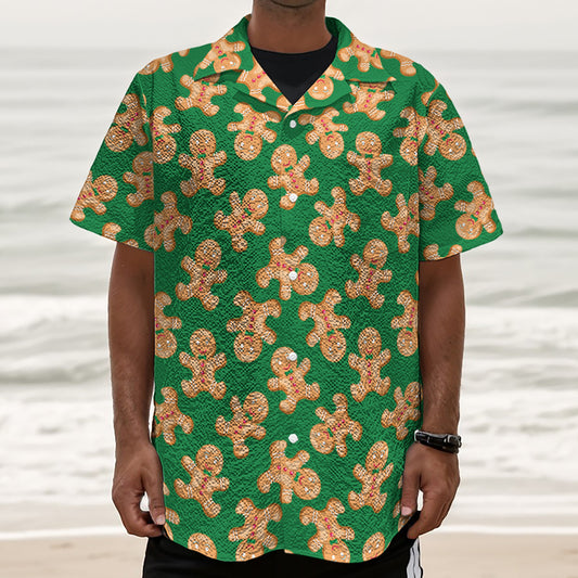 Cute Gingerbread Man Pattern Print Textured Short Sleeve Shirt