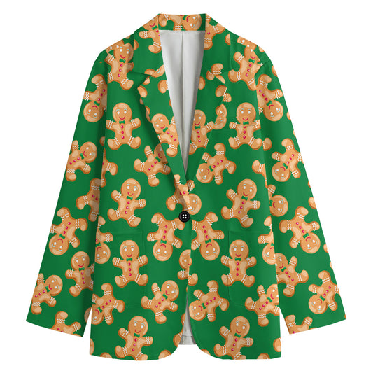 Cute Gingerbread Man Pattern Print Women's Cotton Blazer