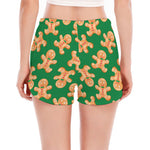 Cute Gingerbread Man Pattern Print Women's Split Running Shorts