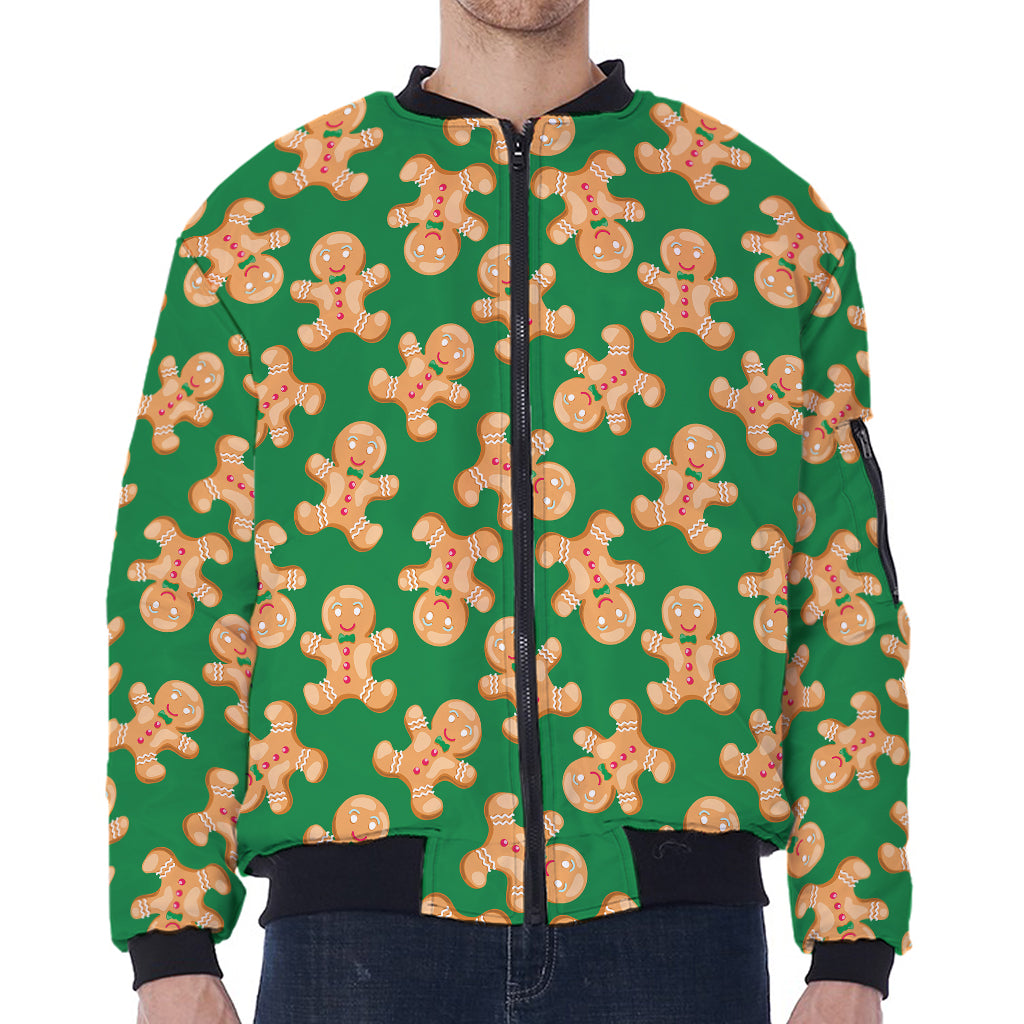 Cute Gingerbread Man Pattern Print Zip Sleeve Bomber Jacket
