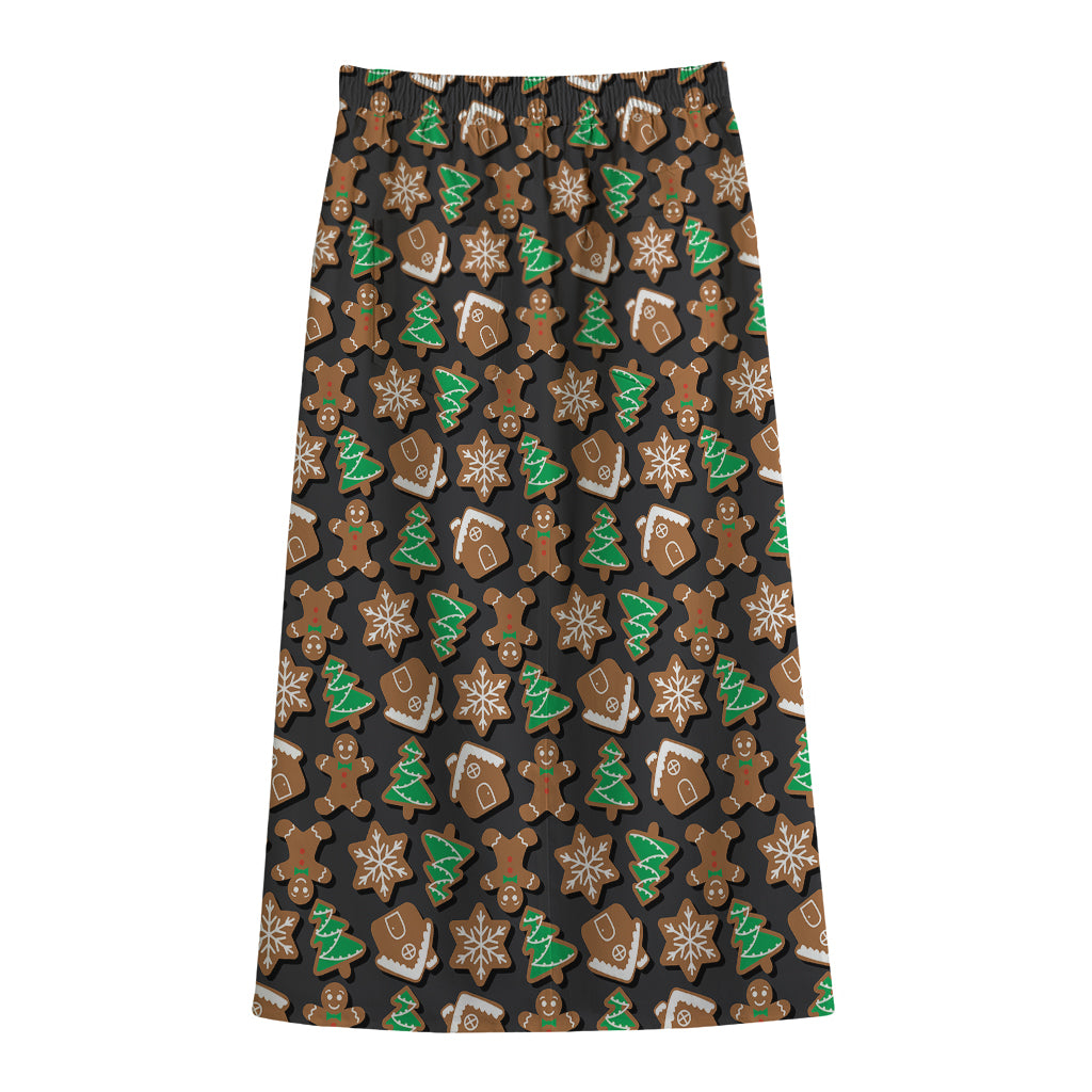 Cute Gingerbread Pattern Print Cotton Front Slit Maxi Skirt