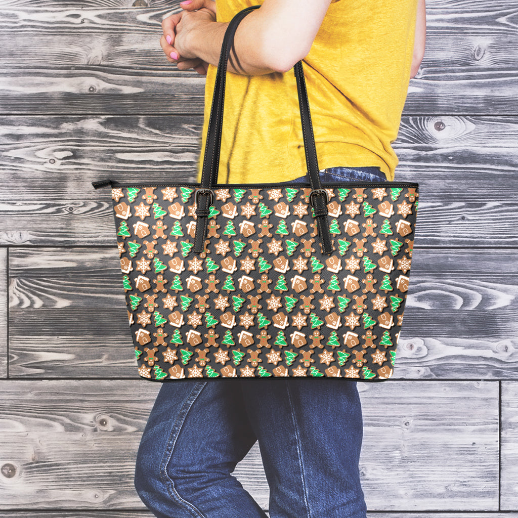 Cute Gingerbread Pattern Print Leather Tote Bag