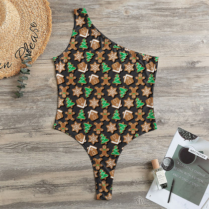 Cute Gingerbread Pattern Print One Shoulder Bodysuit