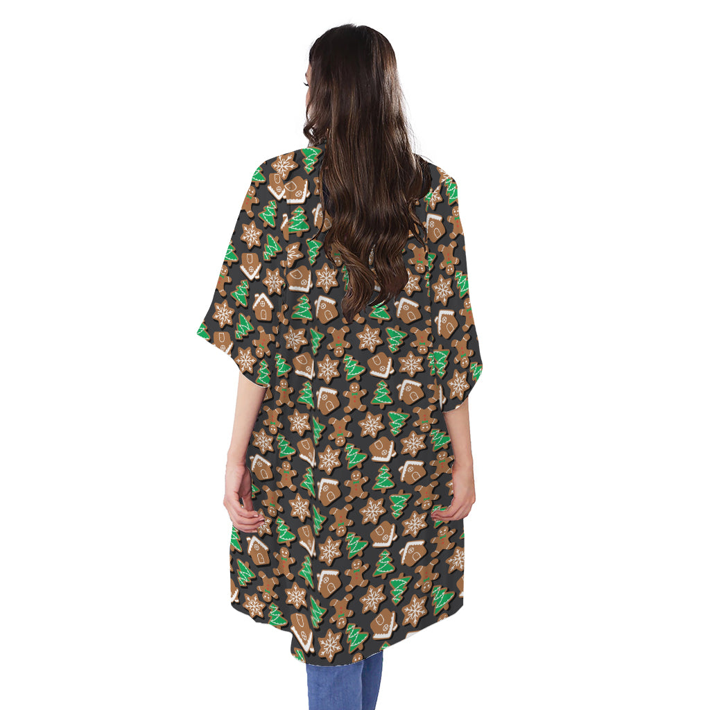 Cute Gingerbread Pattern Print Open Front Beach Cover Up