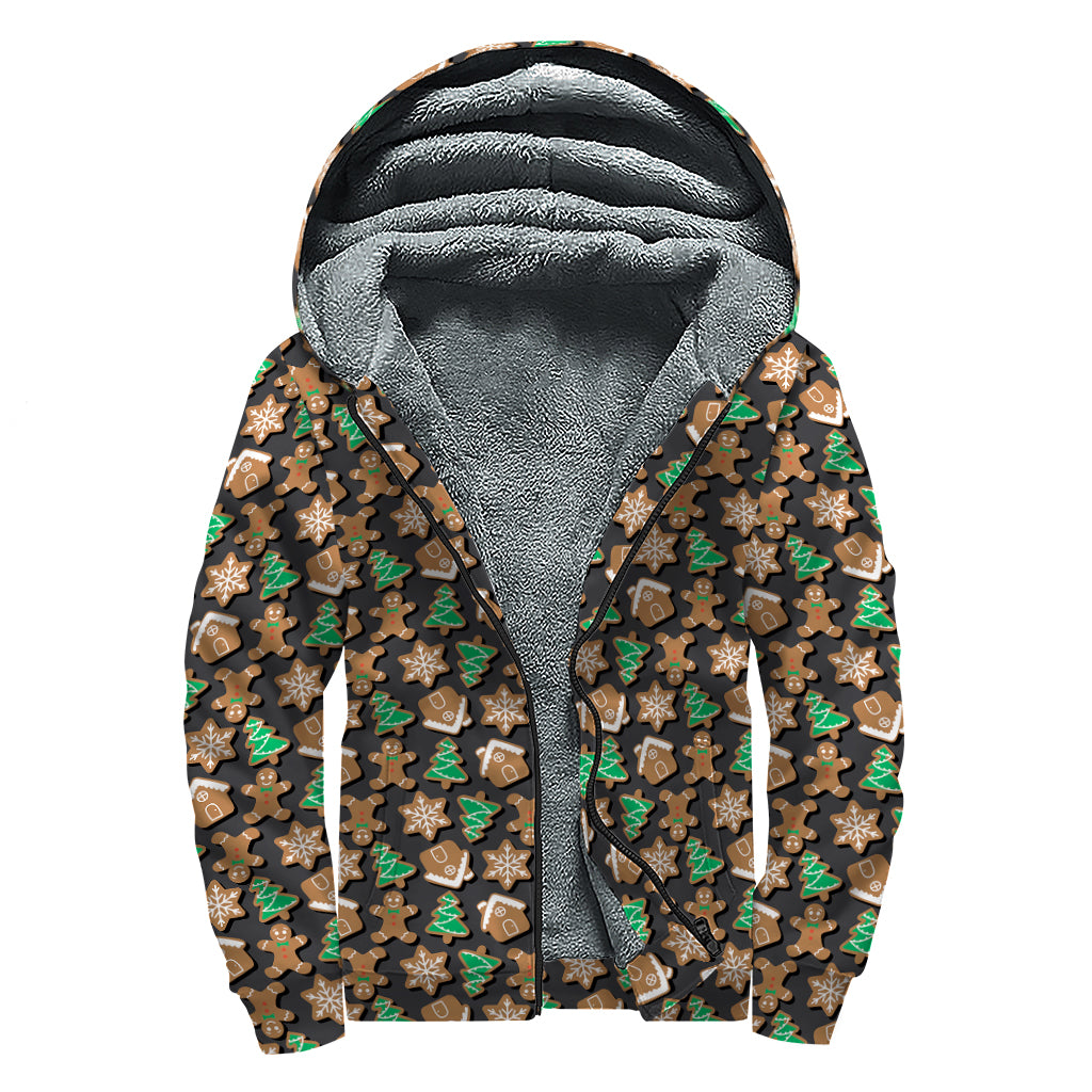 Cute Gingerbread Pattern Print Sherpa Lined Zip Up Hoodie
