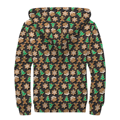 Cute Gingerbread Pattern Print Sherpa Lined Zip Up Hoodie