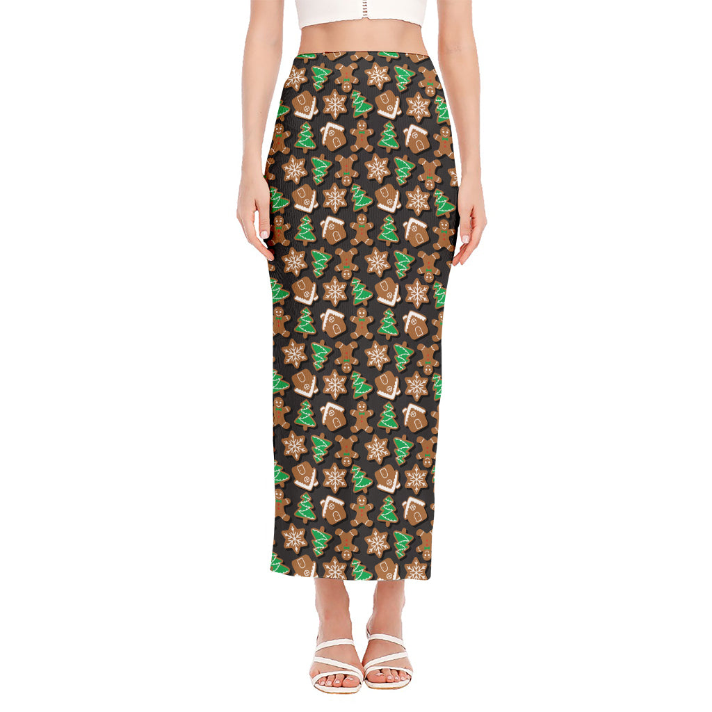 Cute Gingerbread Pattern Print Side Slit Maxi Skirt