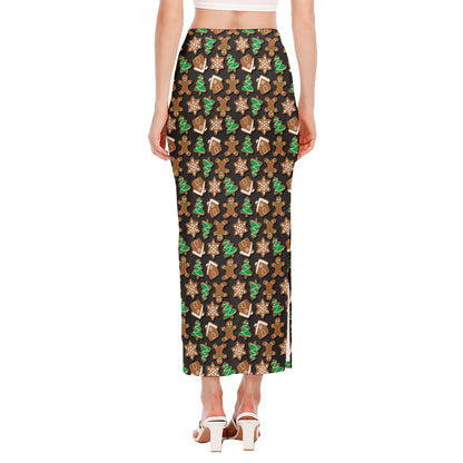 Cute Gingerbread Pattern Print Side Slit Maxi Skirt