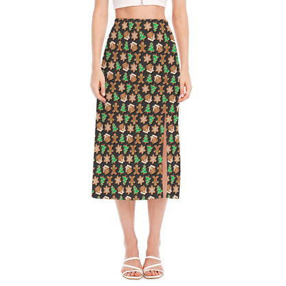 Cute Gingerbread Pattern Print Side Slit Midi Skirt
