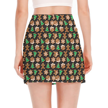 Cute Gingerbread Pattern Print Side Slit Mini Skirt