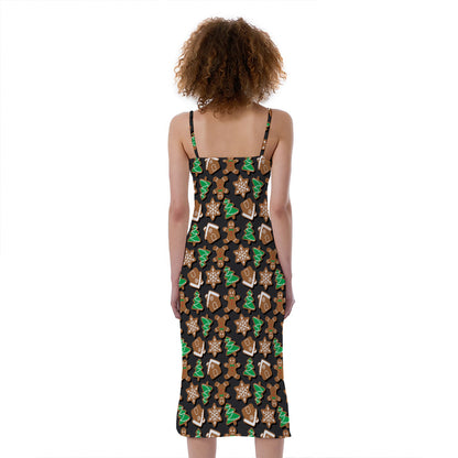 Cute Gingerbread Pattern Print Slim Fit Midi Cami Dress