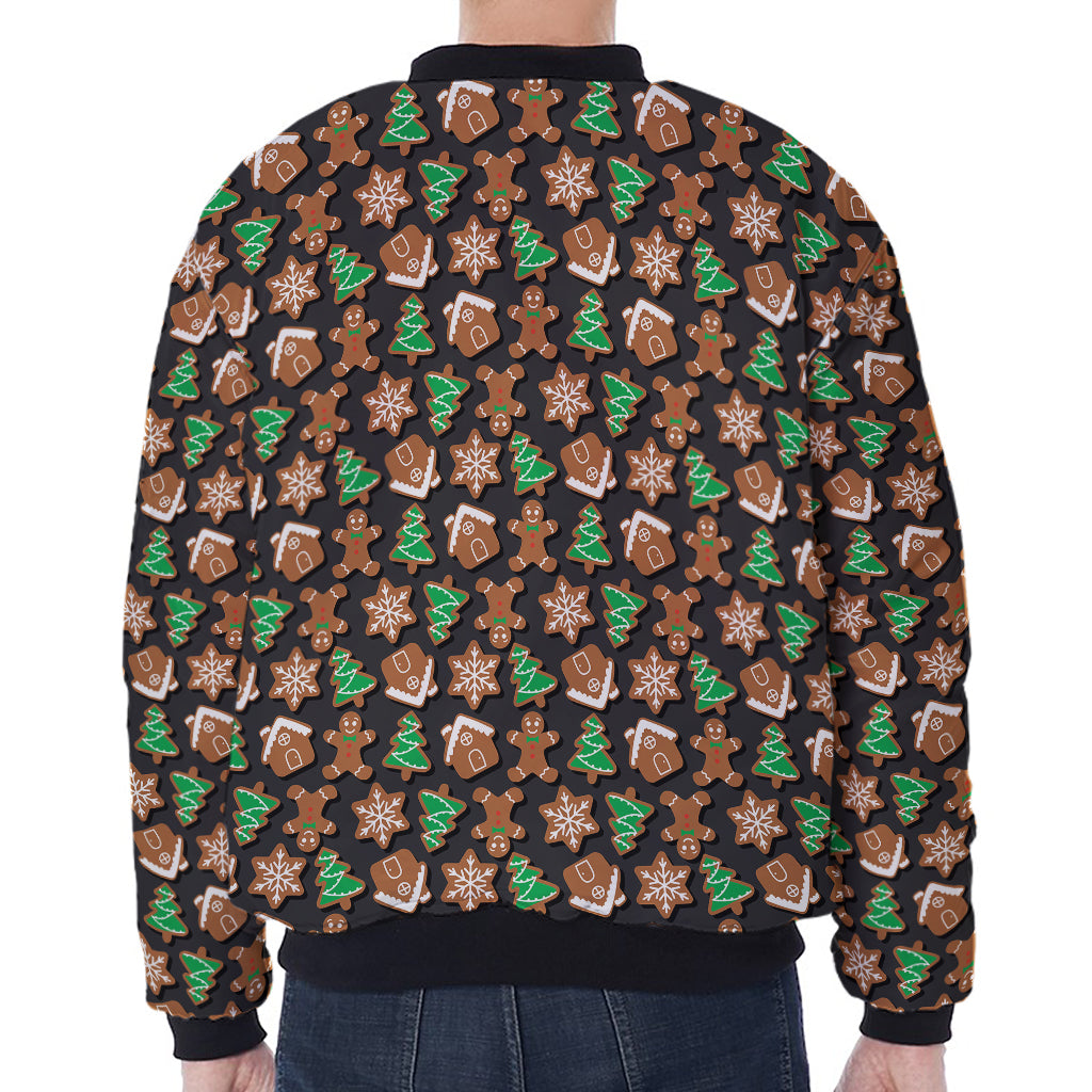 Cute Gingerbread Pattern Print Zip Sleeve Bomber Jacket