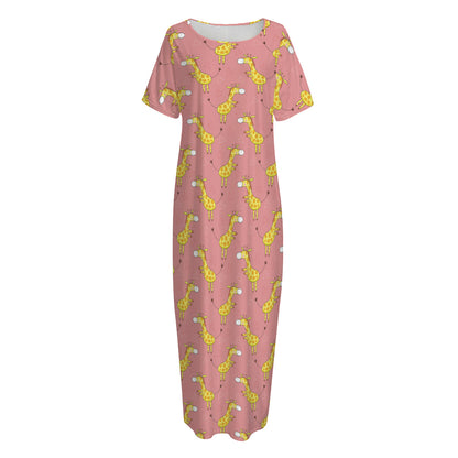 Cute Giraffe Pattern Print Short Sleeve Long Nightdress