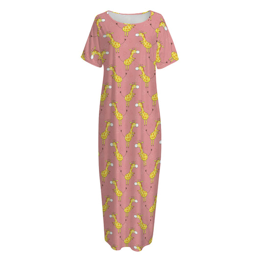 Cute Giraffe Pattern Print Short Sleeve Long Nightdress
