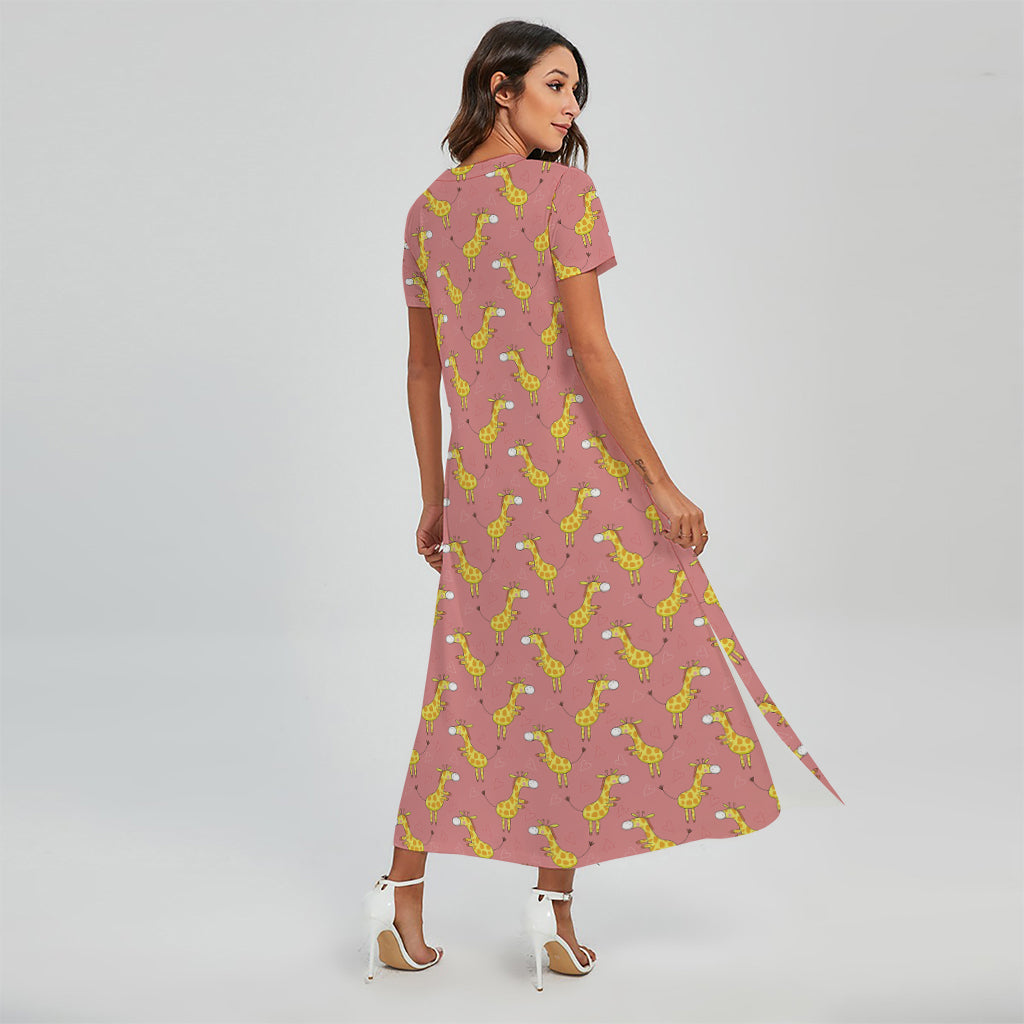 Cute Giraffe Pattern Print Short Sleeve Maxi Dress