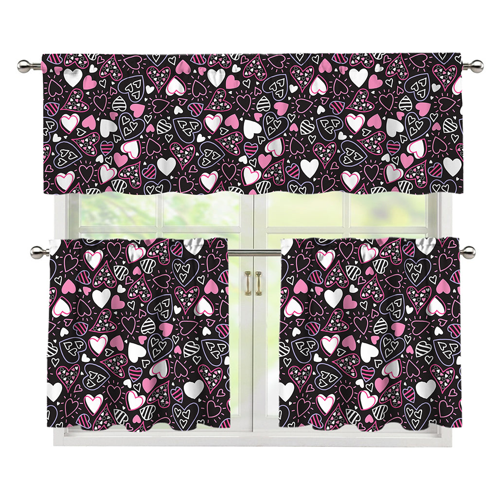 Cute Girly Heart Pattern Print 3 Piece Kitchen Curtains