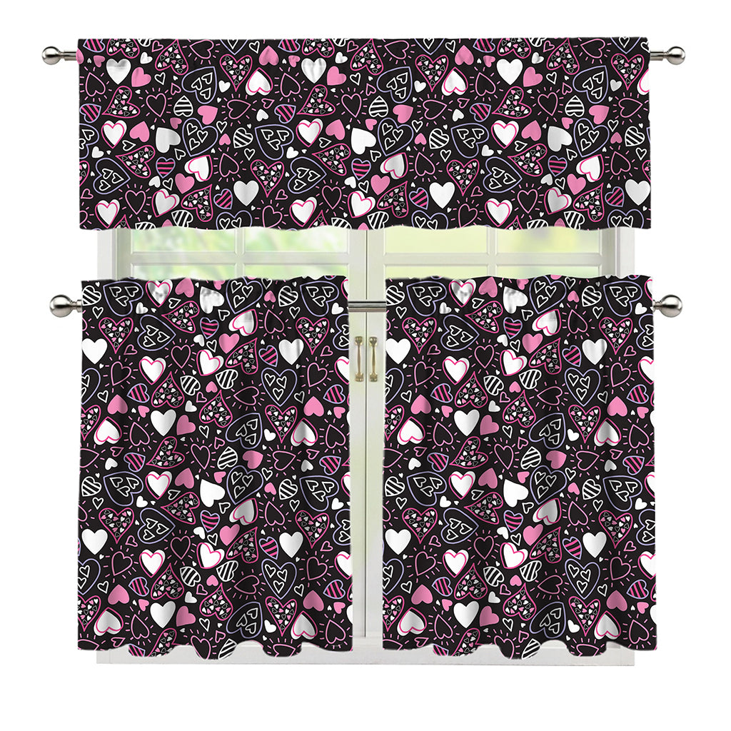 Cute Girly Heart Pattern Print 3 Piece Kitchen Curtains