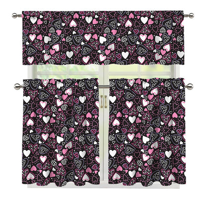 Cute Girly Heart Pattern Print 3 Piece Kitchen Curtains