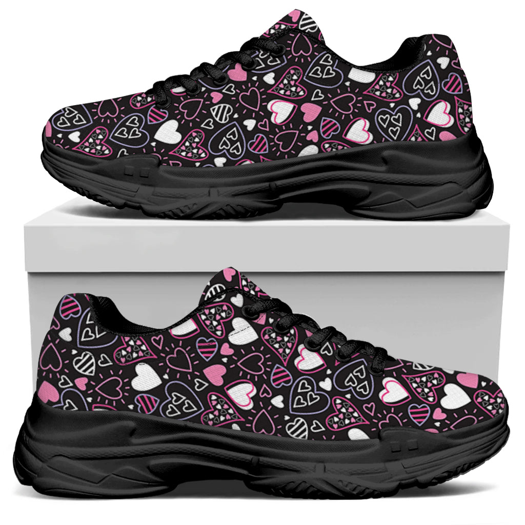 Cute Girly Heart Pattern Print Black Chunky Shoes