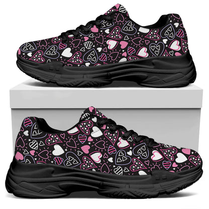 Cute Girly Heart Pattern Print Black Chunky Shoes