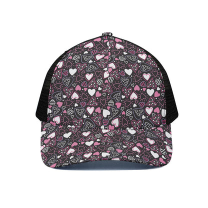 Cute Girly Heart Pattern Print Black Mesh Trucker Cap