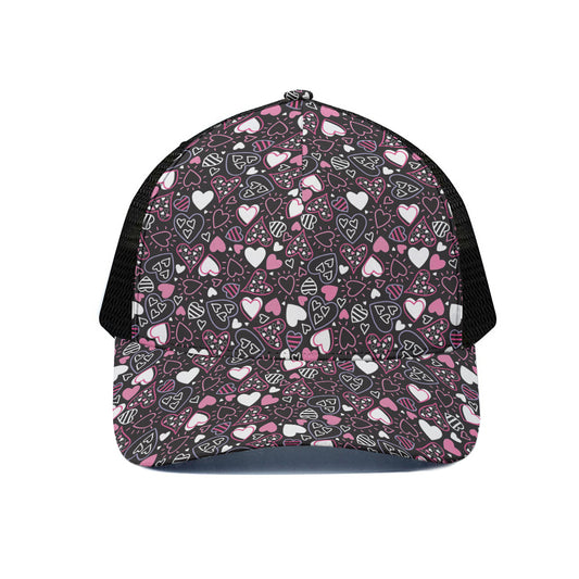 Cute Girly Heart Pattern Print Black Mesh Trucker Cap