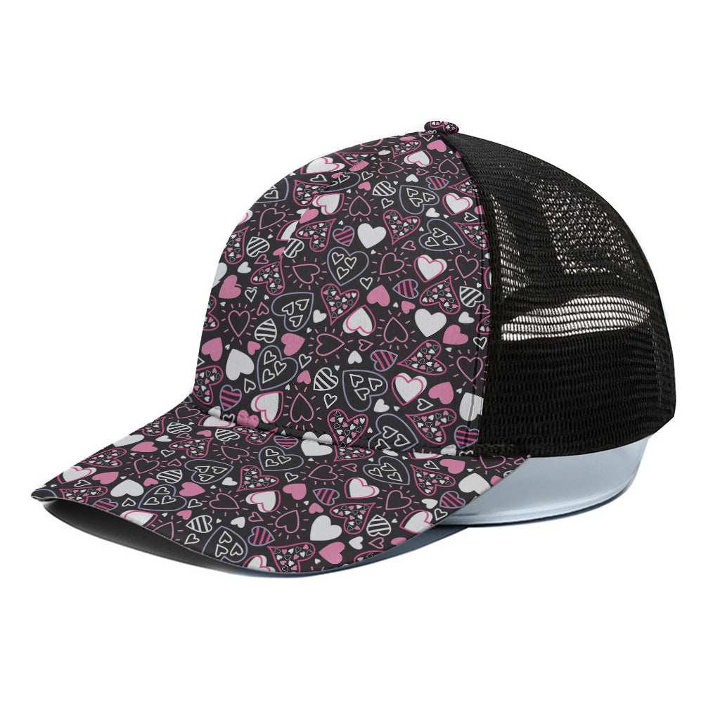 Cute Girly Heart Pattern Print Black Mesh Trucker Cap