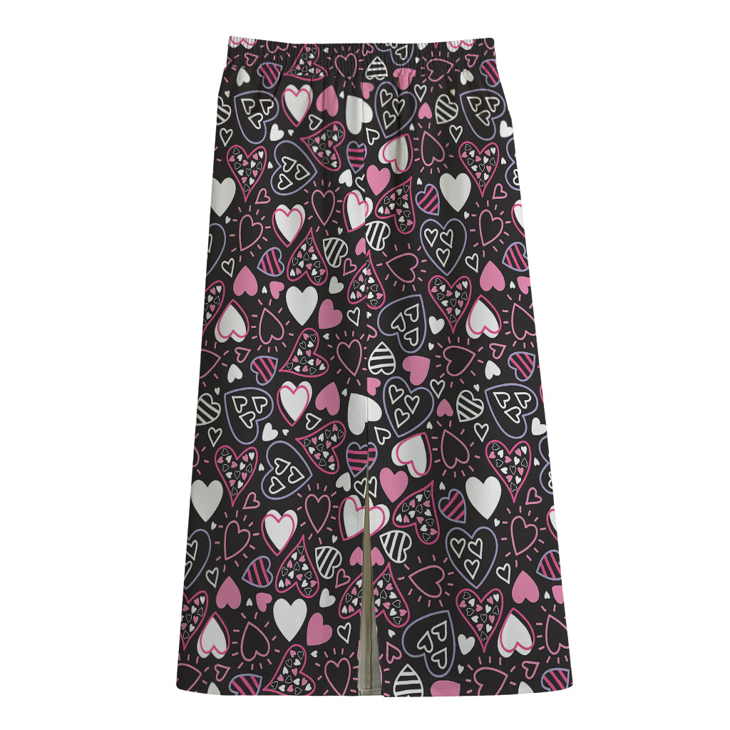 Cute Girly Heart Pattern Print Cotton Front Slit Maxi Skirt