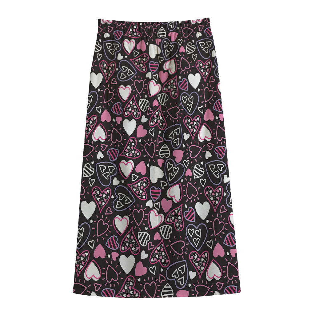 Cute Girly Heart Pattern Print Cotton Front Slit Maxi Skirt